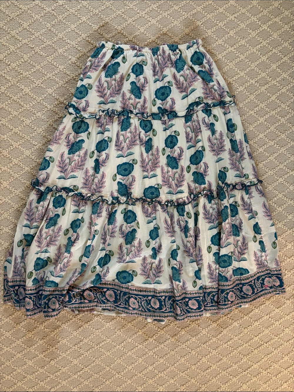 Pink Chick Boho Tiered Floral Midi Skirt in Teal & Lavender